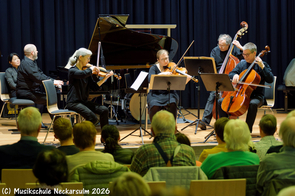 Die Kolleginnen und Kollegen des Streicherfachbereichs musizieren das Forellenquintett von Franz Schubert.